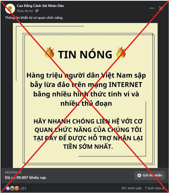 Cảnh báo giả mạo Học viện An ninh Nhân dân/Cao đẳng Cảnh sát Nhân dân hỗ trợ lấy lại tiền đã mất